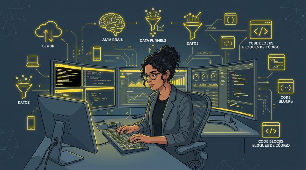 Ilustración editorial tecnológica de un programador frente a múltiples pantallas, rodeado por símbolos de cloud, IA, datos y código. Diseño limpio, corporativo y moderno.