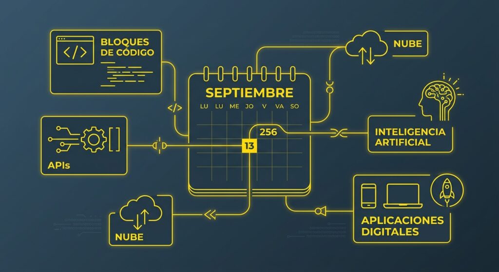 Infografía tecnológica minimalista. Un calendario de septiembre destaca el día 256 y conecta visualmente con bloques de código, APIs, nube, inteligencia artificial y aplicaciones digitales.